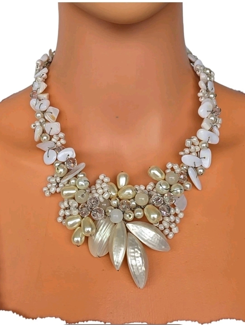 Handmade Faux Pearl Shell Glass Crystal Statement Bridal Bib Necklace Wired 18"